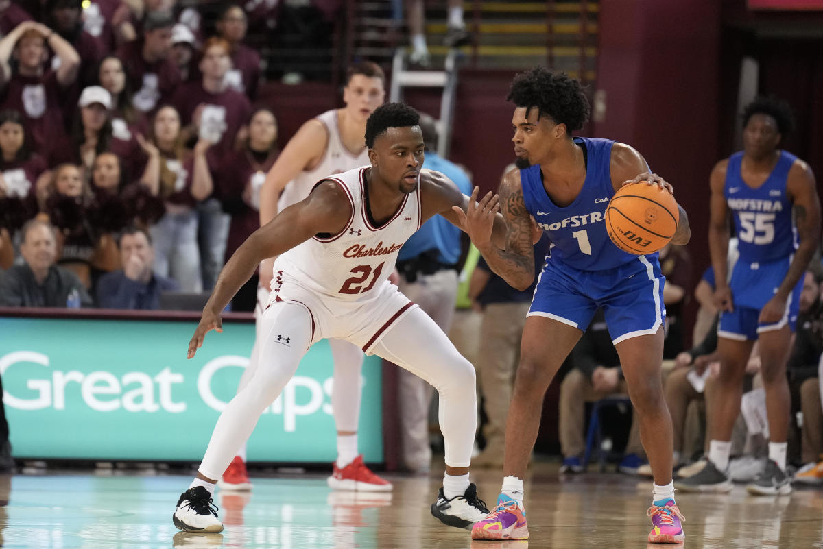 Jan 28, 2023; Charleston, South Carolina, USA; Hofstra Pride guard Aaron Estrada (1) tries to get past Charleston Cougars guard Jaylon Scott (21) in the second half at TD Arena. Mandatory Credit: David Yeazell-USA TODAY Sports